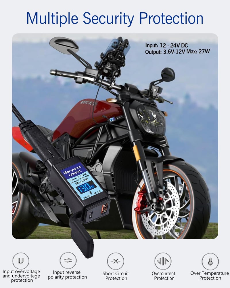 Garystat Motorcycle USB-C Charger, SAE to USB Adapter, 27W Dual Port USB Fast Charger with Voltmeter/Ammeter & ON/Off Switch, Perfect for Charging Phone, Tablet, GPS etc - Image 5